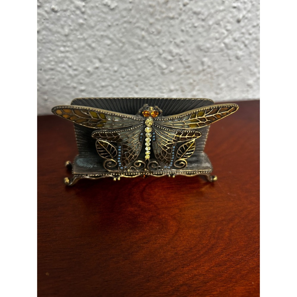 Vintage Style Dragonfly Business Card Holder Enameled Rhinestone Bronze Tone